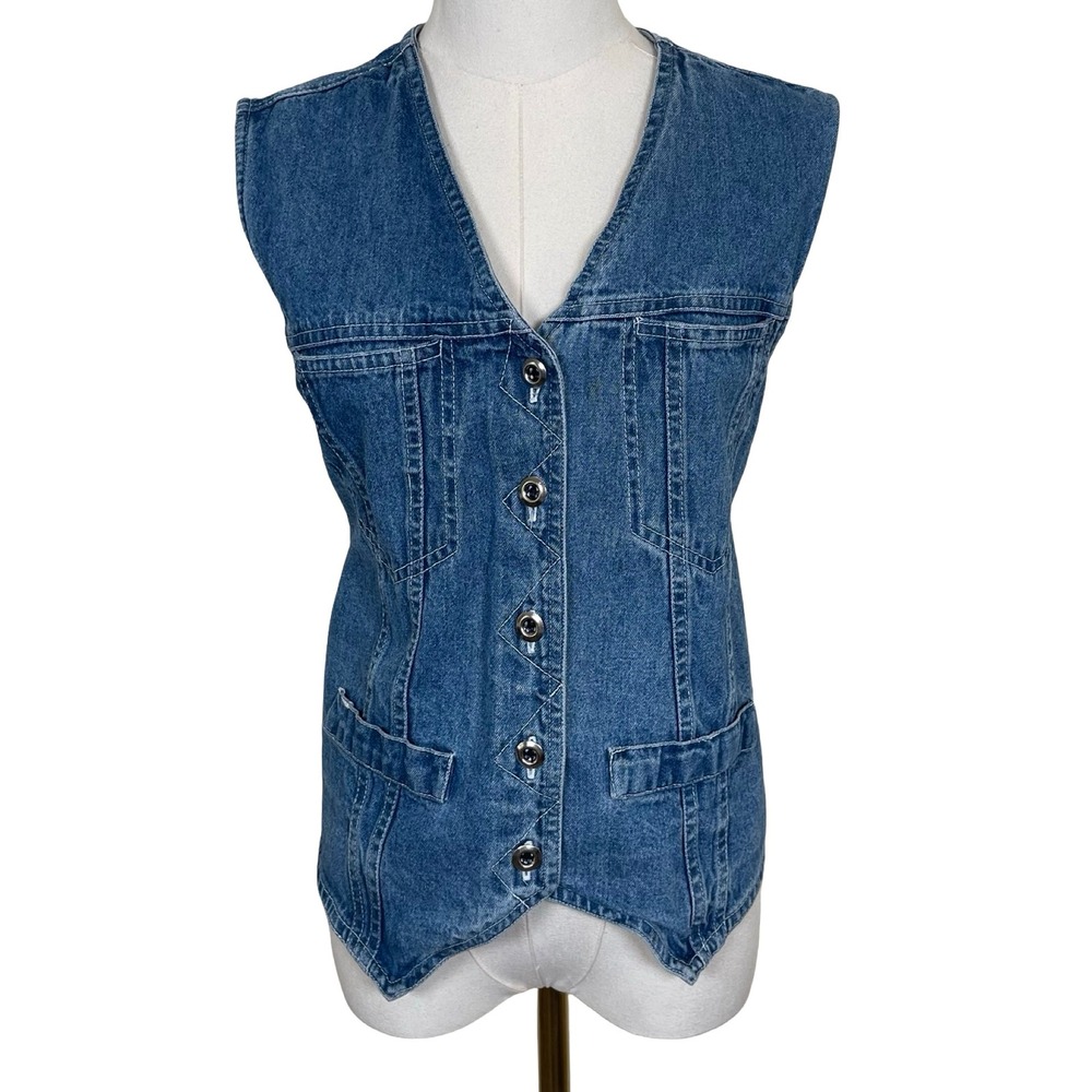 Vintage Kim Rogers‎ Sport Denim Vest Women M Blue Button Front Western Boho 90s